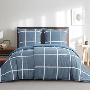 RUIKASI Beddengoed 135 x 200 cm, 4-delig, denimblauw, dekbedovertrek 135 x 200 cm, 2-delige set met ruitpatroon, beddengoedset van microvezel met ritssluiting, zacht en strijkvrij