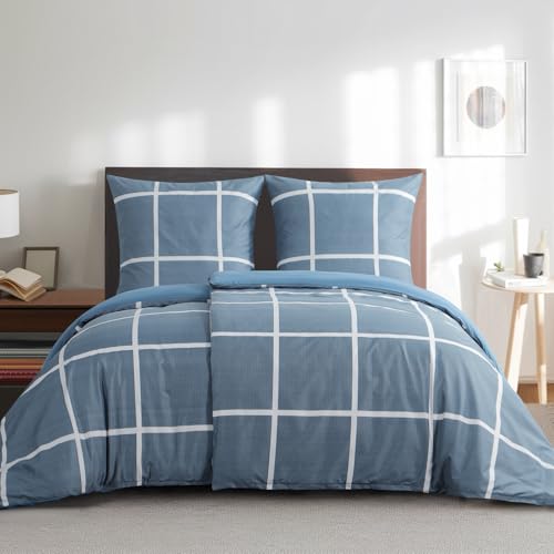 RUIKASI Bettwäsche 135x200 4teilig Denimblau - Bettbezüge 135 x 200 2er Set mit Karo Muster, Bettwäsche-Sets 135x200cm aus Mikrofaser mit...