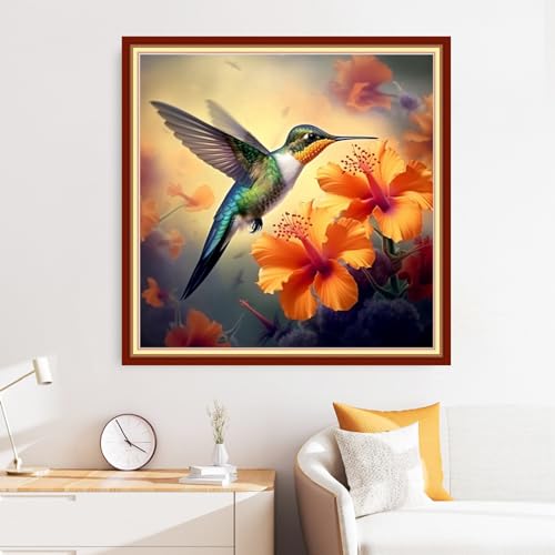 Image of Disxvivy Cross Stitch Stamped Full Embroidery Kits DIY 11CT Cotton Thread Printed DIY Needlepoint Kits Craft Needlework Set Cross-Stitch Stamped Sets-Hummingbirds Gather Honey 18x18 inch