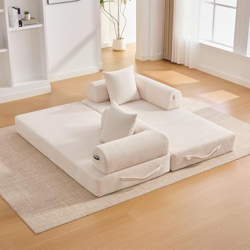 Sofá de compresión plegable para salones pequeños con bolsillos laterales beige 4