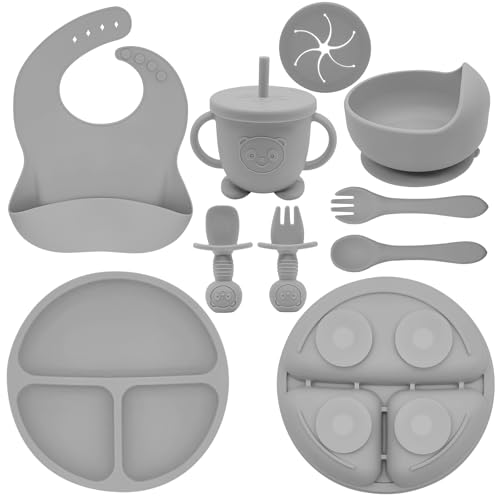 Image of Munlinder Silicone Baby Feeding Set | Baby Led Weaning Supplies Includes Suction Bowls and Divided Plates, Adjustable Bib, Baby Utensils Spoons and Forks,Cup | Baby Feeding Essentials (Grey)