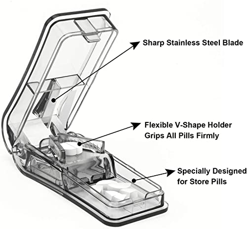 Image of JohnBee Pill Cutter | Best Pill Cutter for Small or Large Pills | Designed in The USA| Cuts Vitamins | Pill Splitter with Shield | Includes Keychain Pill Holder (Gray)