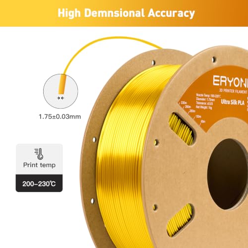 Image of ERYONE Silk Filament PLA+ 1.75mm Upgraded Shiny 3D Printer Filament, Gloss Finish, Fit Most FDM Printer Stable Printing,1kg (2.2LBS) /Spool, Light Gold