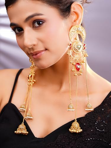 Image of Rubans Long Jhumka Earrings with Ear Chain Pearl Beaded Traditional Wedding Jewellery Gift for Women & Girls