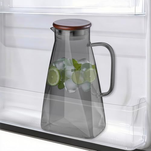 TELANKS 1800ML Wasserkaraffe mit Deckel, Wasserkaraffe für Kühlschranktür, Karaffe für Heiß- & Kaltgetränke geeignet Robuste Glaskaraffe,Grau