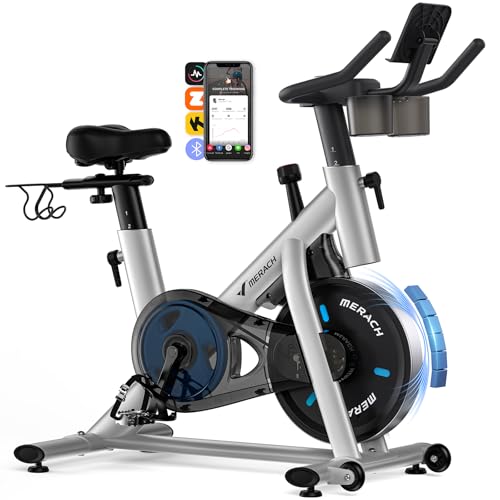Image of MERACH Exercise Bike, Magnetic Friction Stationary Bike with Brake Pad and Exclusive App, Low Noise Indoor Cycling Bike with 300lbs Weight Capacity, Tablet Mount and Fitness Courses for Weight Loss