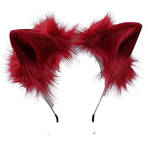 VIGVAN KYC Animal Ears Kawaii Plush Cat Ears Hair Clip Headdress Halloween Cosplay (Red Hairband)