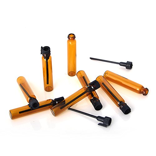 Enslz 100Pieces Amber Glass Mini Small Empty Perfume Sample Bottles Travel Refillable Aromatherapy Essential Oils Liquid Fragrance Sample Vials With Black Caps (1ml)3