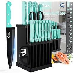 CuCut 16-Piece Kitchen Knife Set with Block - High Carbon Stainless Steel Knives, Black Non-Stick Coating, Triple Riveted Forged Turquoise Handle, Dishwasher Safe, Includes Knife Sharpener, Scissors