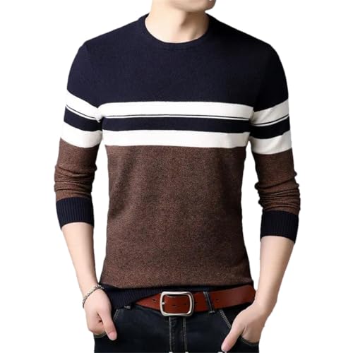 Men's Round Neck Casual Sweater Solid Color Striped Patchwork Long Sleeve Knit Top2