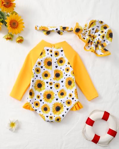 Image of SODLON Baby Girl Swimsuit Long Sleeve One-Piece Infant Bathing Suit 3M-3T