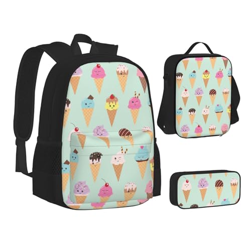 Ensemble de sacs d'école 3 en 1 en toile noire avec imprimé cônes de glace