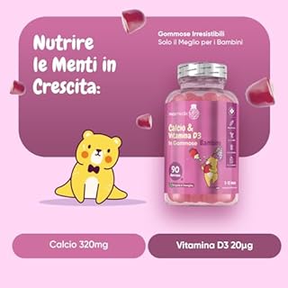 Calcio Integratore con Vitamina D Bambini, 90 Caramelle Gommose Vegetariane, Fragola e Vaniglia, Calcio e Vitamina D sono Necessari per la Crescita e lo Sviluppo Normali delle Ossa nei Bambini (EFSA)