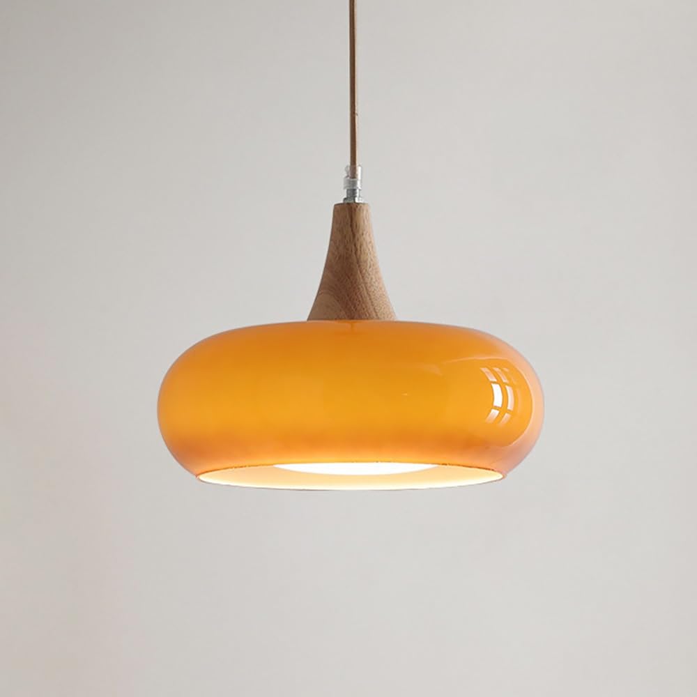 Pendelleuchte Orange Glas Vintage, Hängelampe Flach Rund Mid Century Kronleuchter für Küche Schlafzimmer Esszimmer