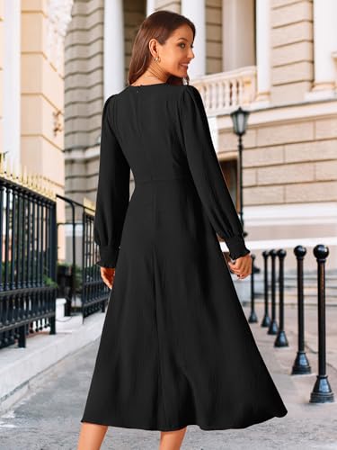 Image of Seta T Women's Fall Dress Frilled Long Sleeve A-Line Casual Midi Dresses | Crewneck, Smocked Cuff, Front Pleated, Pockets, Flowy and Lightweight, Party Elegant Outfit 2026