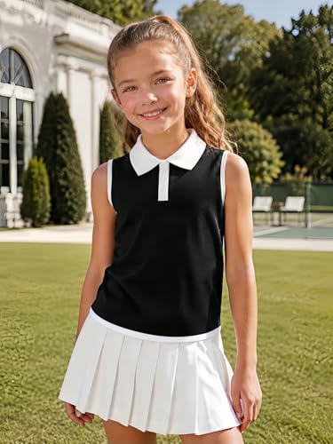 Image of Girls Golf Shirt Sleeveless Polo Collared Quick Dry Tennis Tank Top Outfit