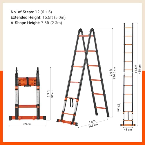 Image of Bathla 16.5 Ft A-Type Foldable Steel Telescopic Ladder with Support Wheels | Portable, Compact & Multipurpose Ladder for Home, Industrial and Outdoor Use