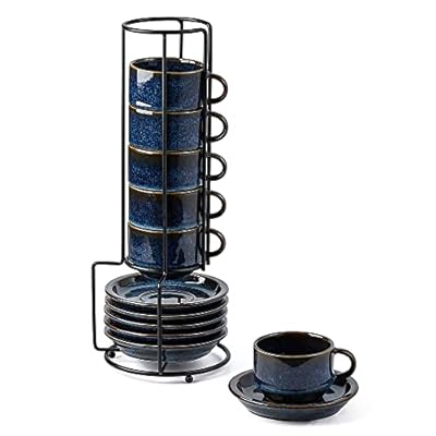 JIEMEI HOME Porcelain Stackable Espresso Cups with Saucers and Metal Stand,4 Ounce Demitasse Cups for Coffee Drinks, Latte, Tea - Set of 6, Stackable Espresso Mugs, Reactive Glaze, Bule