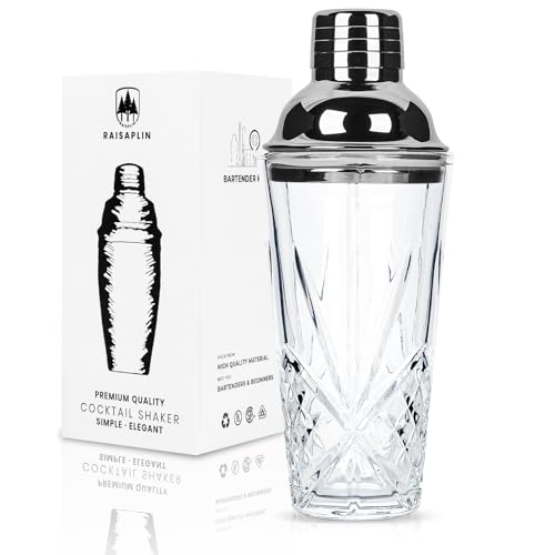 Glass Cocktail Shaker, Raisaplin 14oz Drink Mixer Crystal Martini Shaker Built-in Strainer Margarita Bartender Accessories Tools for Whiskey Coffee Sazerac Home Bar Gifts Decoration - Silver