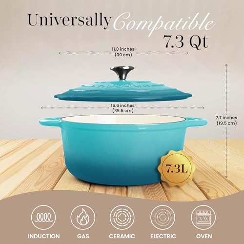 Image of Cast Iron Dutch Oven with Lid-Non-Stick Ovenproof Enamelled Casserole Pot - Sturdy Dutch Oven Cookware-Teal, 7.3- Quart, 30cm- by Nuovva