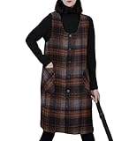 chouyatou Women's Button Down Wool Overall Jumper Dress Vintage Plaid Tunic Tank Short Dress with Pockets (Small, Coffee)