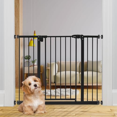 Image of keny 29 inch-42.5 inch Baby Gate for Stairs, Auto Close Safety Dog Gate | Pressure Mounted Easy Walk Through Pet Gate for Doorways, Durable Stair Gate, 30 inch Tall, Black