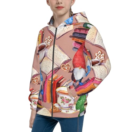Gnomes Books Tea Cups Kids Pullover Hoodies Boys Zip Up Sweatshirts Girls Athletic Clothes with Pocket