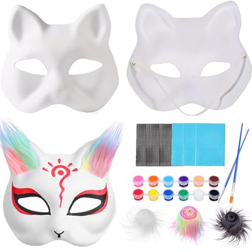 Awleynz Cat Mask with Fur and Eye Mesh, 3Pcs Therian Masks, White Cat Mask to Paint, DIY Animal Mask, Paper Blank Masks for Crafts Halloween Masquerade Party Favors Face Dress Up Mask
