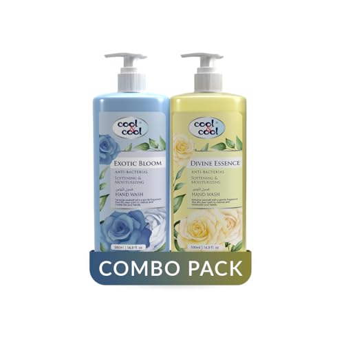 Cool & Cool Hand Wash Twin Pack (500 Ml x 2) - Divine Essence and Exotic Bloom Scented Anti-Bacterial Skin-Softening & Moisturizing Liquid 1 Liter