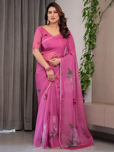 Image of ALMAARI FASHIONWomen's Floral Printed Organza Saree with Unstitched Blouse Piece | Traditional Ethnic Wear Sarees | Soft Lightweight Ethnic Office Wear Daily Wear Indian Sari (ORGANZA 121-130 H)