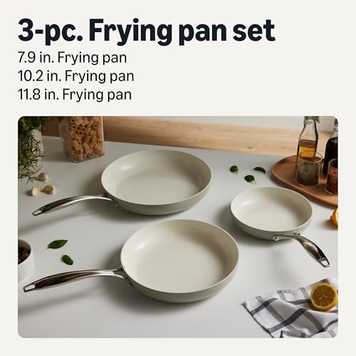 Image of Amazon Basics Ceramic Nonstick Cookware, 3-Piece Set of Frying Pans, All Cooktop Induction Compatible, Dishwasher-Safe, Oven-Safe, Linen Gray