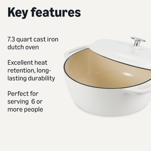 Image of Amazon Basics Enameled Cast Iron Dutch Oven Pot with Lid, Round, Dual Handles, Heavy-Duty, Oven Safe for Stews, Roasting, Baking, 7.3-Quart, Matte White