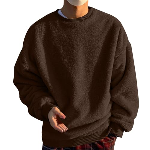 Men Loose Fit Fluffy Sweatshirt Casual Crew Neck Fuzzy Sherpa Pullovers Fall Winter Long Sleeve Plush Sweaters