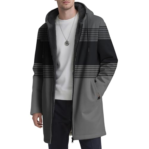 Xernbit Men's Color Block Long Jacket Warm Fleece Full Zip Hoodie Casual Fashion Stripes Sherpa Winter Hooded Coat with Pockets Grey XL