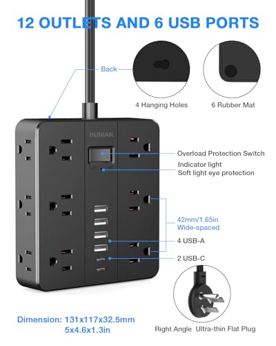 Flat Plug Power Strip, 5Ft Extension Cord with Multiple Outlets | HUNIAN 12 Widely Spaced Outlets 6 USB Charger (2 USB C Ports), Desk Charging Station for Home Office Supplies, Black miniatura 7