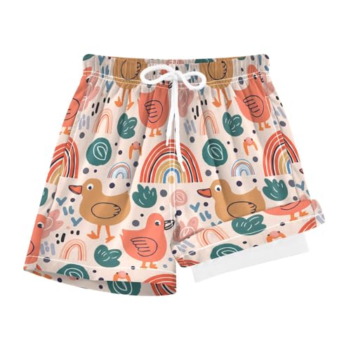YANENDIE Boy Swim Trunks with Compression Liner Playful Ducks Rainbows Boys Swim Shorts Quick Dry Beach Shorts