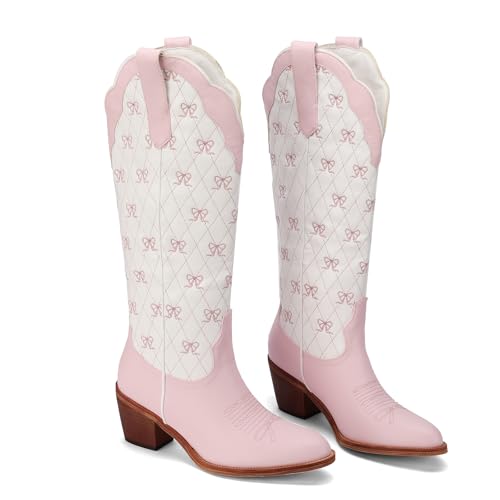 Image of Lace Up Cowboy Boots for Women Embroidered Wide Calf Cowgirl Boots Comfortable Chunky Heel Pointed Toe Trendy Western Shoes for Prom Music Festival