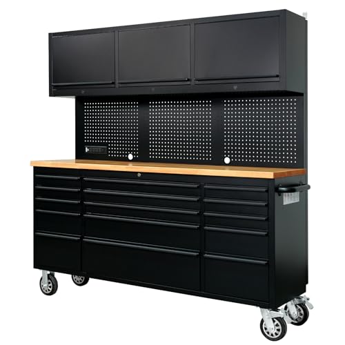 CHETTO C 72-inch Rolling Tool Chest Cabinet Mobile Workbench with 15 Storage Drawers and Wheels 3 Uper Cabinet Outlet SS Pegboard Black Tool Box for Garage