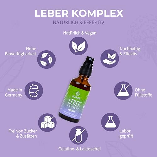BitterLiebe® Leber* Komplex Spray - Leberkur*, natürliche Unterstützung der Leberfunktion* mithilfe von Cholin - hochdosiert mit Mariendistel Artischocke Löwenzahn und Bitterstoffen