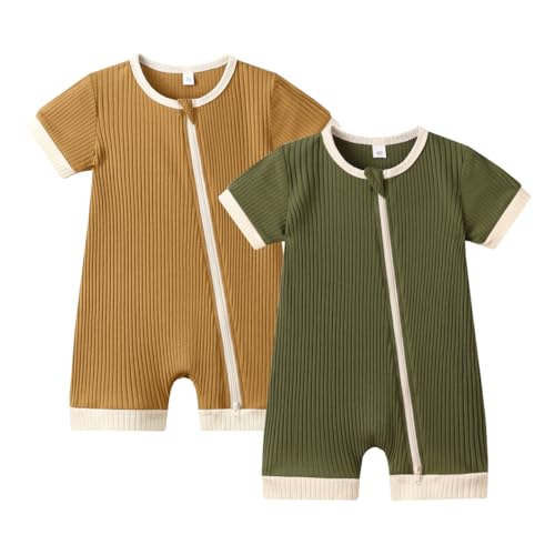 Image of Bafeicao Unisex Baby Boy Girl 2 Pack Rompers Short Sleeve 2 Way Zipper One Piece Jumpsuits Clothes Sets