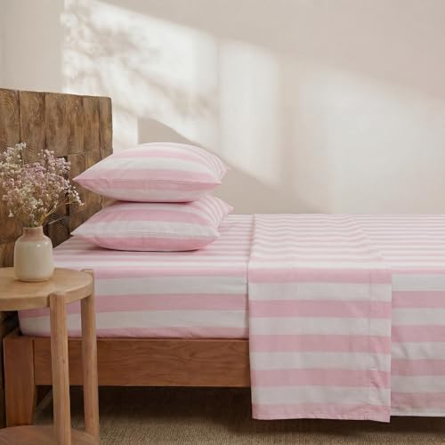 Image of Merryword 100% Cotton Sheet Set Full Size - Pink and White Stripes Bedding, Soft Breathable Percale Weave, Wide Stripe Deep Pocket Sheet 17.5 inch, Luxury Linen Like, 4-Piece All Season Bedding