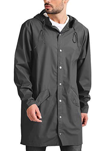 COOFANDY Men's Lightweight Waterproof Rain Jacket Packable Outdoor Hooded Long Raincoat,Grey,Small