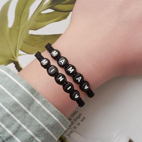 Image of Braided Rope Bracelet Adjustable Jewelry for Family Sisters Mom Grandma BFF | Adjustable black woven rope bracelets with personalized letter engraving.gifts for family, sisters, grandma & best friends