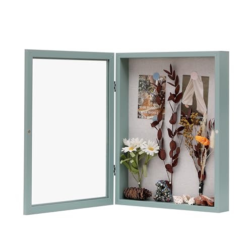 DEMAIKE 11x14 Shadow Box Frame with Linen Back, Wood Glass Display Case for Medals, Photos, Memorabilia, Awards - Pins Included- Light Green