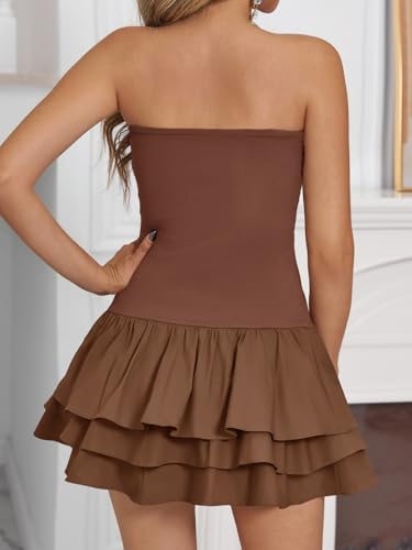 Image of Yousify Womens Sexy Strapless Tube Dress Summer Sleeveless Tiered Ruffle Club Party Mini Dresses with Built-in Shorts