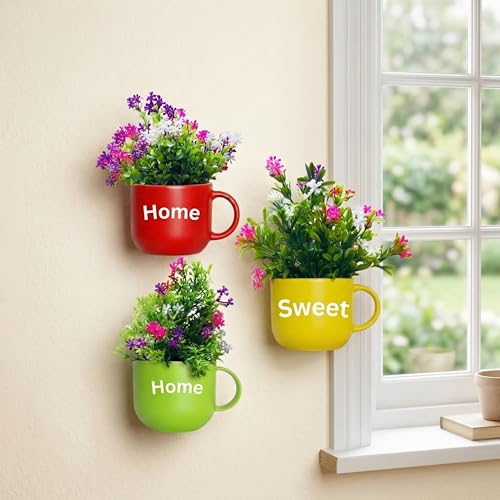Image of Dekorly Wall Hanging Mug Planters with Artificial Flowers (20CM) - Decorative Hanging Cups, Colorful Floral Wall Decor for Living Room Bedroom Balcony Office Gift Set (3, Home Sweet Home)