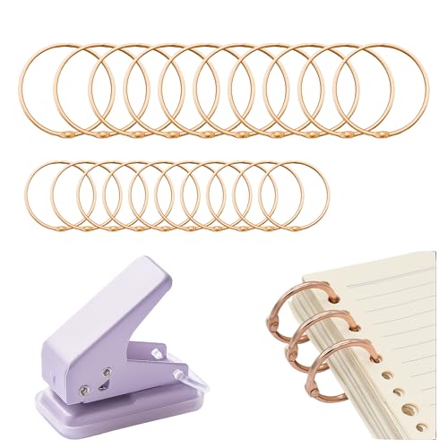 YOUNEEDFUL 20 Metal Binder Rings with 1 Paper Hole Puncher, Keychain Ring, Index Card Ring, Photo and Book Ring Clamp Ring, School, Home Or Office (Gold)