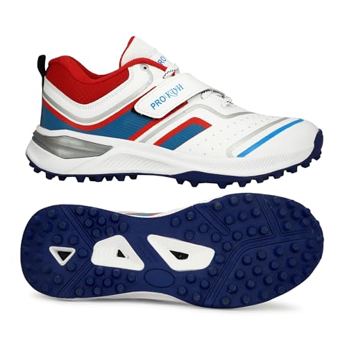 Image of PRO KVH Plus 2.0 Cricket Shoes for Men's White Red Orange Blue - Fast Strap Rubber Spikes, Lightweight,Performance, Comfort, and Durability Shoe for All-Round Performance