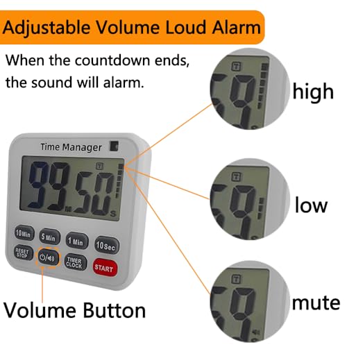 Digital Countdown Kitchen Timer, FCXJTU Count Up Cycle Countdown Magnetic Timer Clock with Loud Alarm On/Off 8Key Fast Setting for Cooking Baking Gym Students