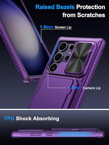 Image of Vihibii for Samsung Galaxy S23 Ultra Case with Card Holder & Sliding Camera Cover & Kickstand, Shockproof Rugged Hard Back & TPU Edge Wallet Case for Galaxy S23 Ultra 5G 6.8 inch 2023, Dark Purple